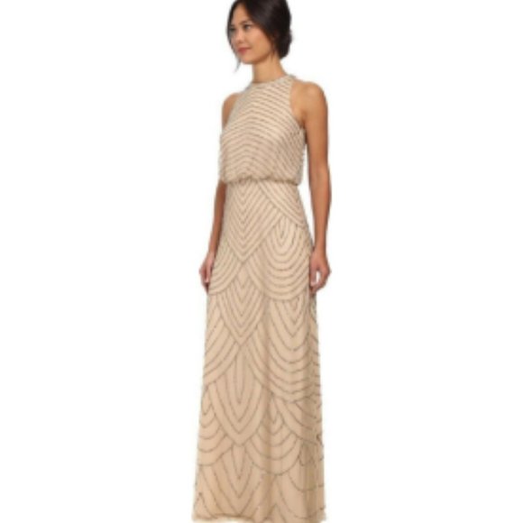 ** Adrianna Papell** Women's Halter Art Deco Beaded Blouson Dress Nude 0 - Picture 2 of 6